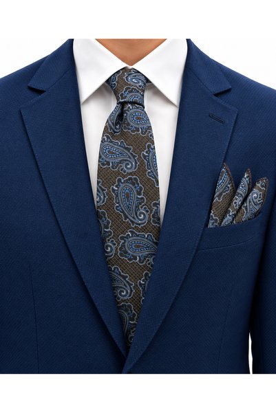 Brianze Brown Blue Shawl Pattern Tie Handkerchief Set