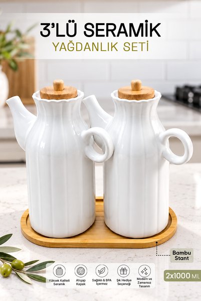 naturelove 3'lü Bambu Stantlı Yağdanlık Seti - Bambu Kapaklı Yağlık Sirkelik ...