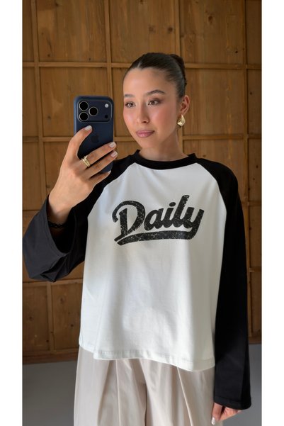 YOUR NAME Bisiklet Yaka Baskılı Uzun Kol Reglan Ekru Kadın T-Shirt