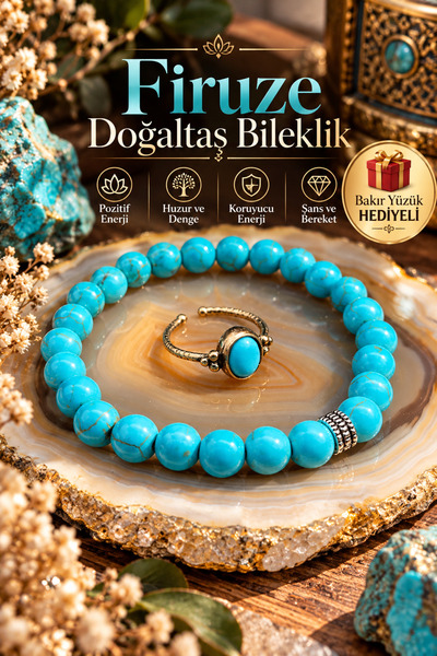 NBS Beautiful Naturel Stones Firuze Şans Bileklik Bakır Yüzük Hediyeli 8 mm (...