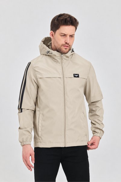 LEVEL HİGH Men's Sports Raincoat Beige – Hooded, Black Stripe Detail, Lightwe...