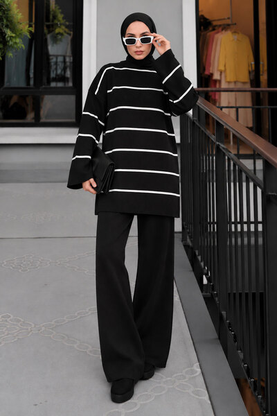 Tesettür Dünyası Striped Knitwear Set Tsd220905 Black