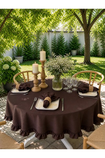 Decamor home Aura Liquid-Proof Brown Ruffled Tablecloth