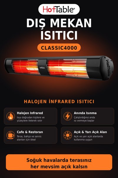 HOTTABLE Dış Mekân Kafe Isıtıcısı Kumandasız 4000 Watt Su Geçirmez – Classic 4000