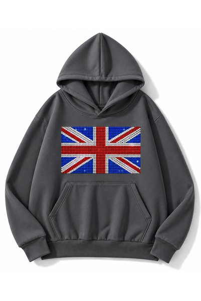 MOONBULL Unisex Kapüşonlu İngiliz Bayrağı Taş Baskılı Sweatshirt
