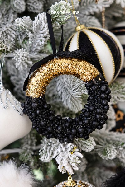 Dekorsende Christmas Ornament Circle Beaded Gold Sequin Black 13 cm