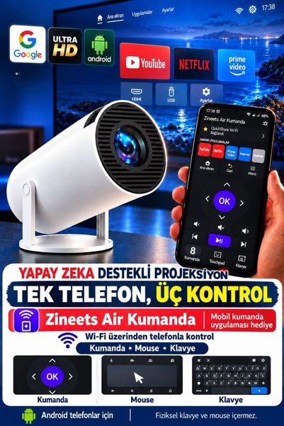 Zineets HY300 Pro Taşınabilir Android Akıllı Projeksiyon Cihazı WiFi Bluetooth Ev Sineması -AİR Kumanda Hediye