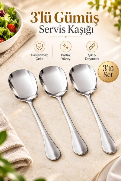 AYGÖREN HOME 3’lü Gümüş Paslanmaz Çelik Servis Kaşığı Seti 21 cm Lüks Salata ...