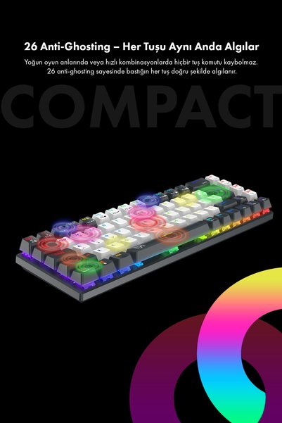 gameagle STRIKE COMPACT %60 Sessiz Red Switch Mekanik 17 Mod Rainbow 69 Tuş Oyuncu Klavyesi - BEYAZ/SİYAH