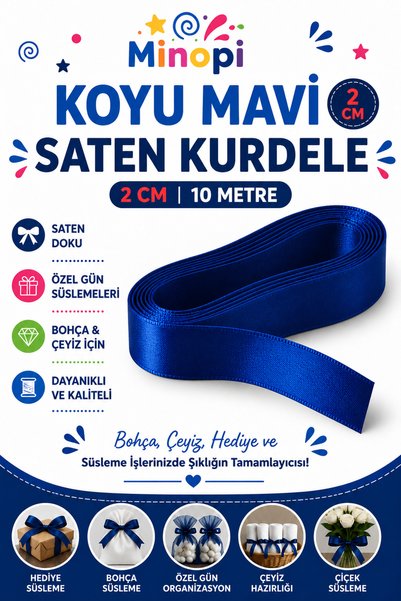 Minopi Dark Blue Satin Ribbon 2 cm 10 Meters, Bundle Dowry Special Day Decora...