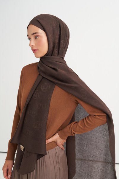 carell Monogram Desen Tensel Yün Viskon Şal Acı Kahve