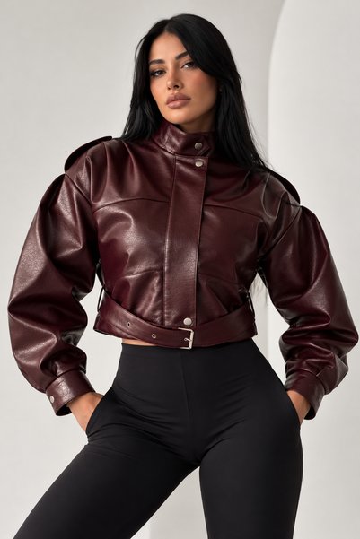moda armanc Women's Belted Oversized Cropped Faux Leather Jacket with Mock Ne...