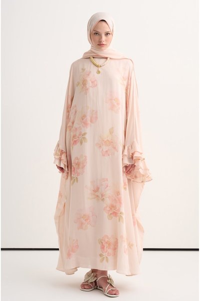 carell Fleur Floş Fırfır Detaylı Kaftan Pudra