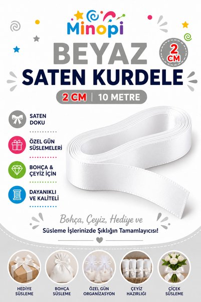 Minopi White Satin Ribbon 2 cm 10 Meters, Bundle Dowry Special Day Gift Decor...