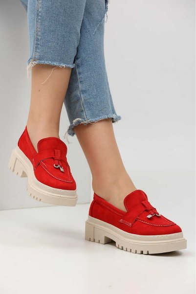 Loafers Mocasini de damă casual, din piele întoarsă, cu cataramă, roșii