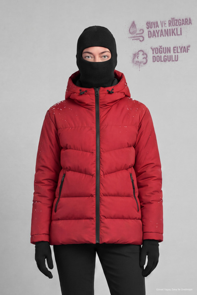 Freemen Women's Red Hooded Fleece-Lined Fur-Trimmed Waterproof Wind-Resistant...