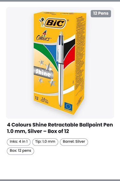 Bic قلم حبر جاف فضي لامع من بيك، 4 ألوان متنوعة، علبة من 12 قلمًا