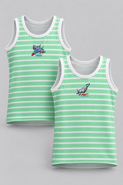 FUL 2-Piece Boys' Undershirts Green and White Striped, Front and Back Printed...