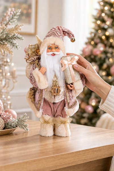 DD SHOP Figurină decorativă Moș Crăciun, cu sac și felinar, costum rose gold,...