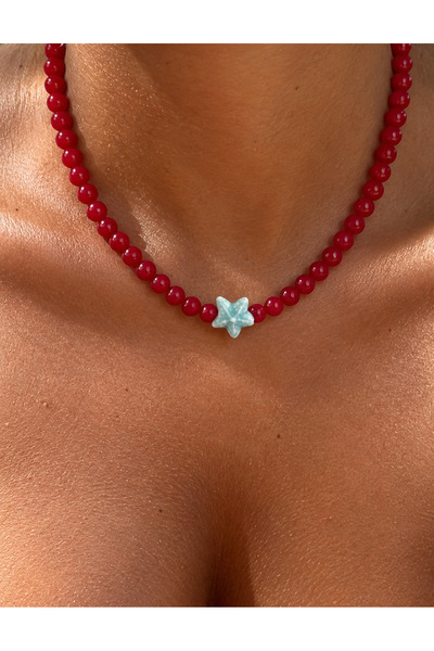 Arsaley Collection Mavi Yıldız Charm Kırmızı Yazlık Boncuk Kadın Kolye