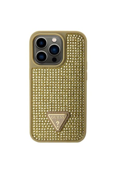 Guess Husa pentru iPhone 15 Pro, Logo metalic triunghiular cu strasuri, Auriu...