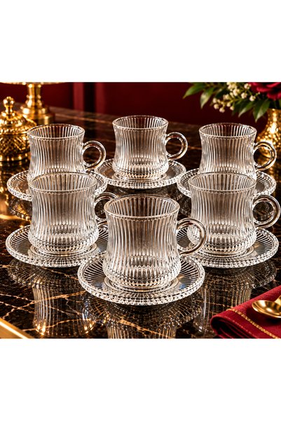 çukurova home Modern Cam Kulplu ve Tabaklı Çay - Kahve Seti ( 150 ml ) 6 Adet
