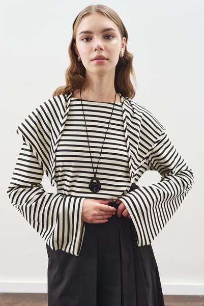 Manuka ŞAL DETAYLI ÇİZGİLİ TSHIRT SİYAH