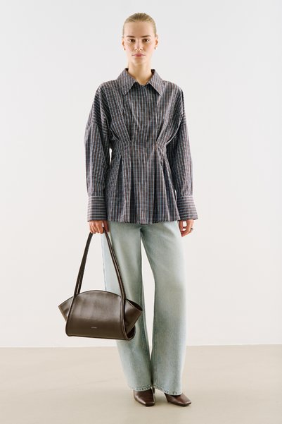 Manuka Patterned Short Shirt with Pleat Detail, Brown Plaid