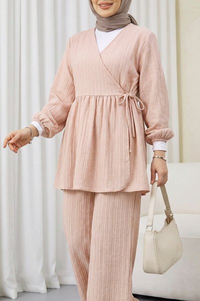 Modamorfo Set cu detaliu cu șnur la tunică și pantaloni wide-leg – culoare gr...