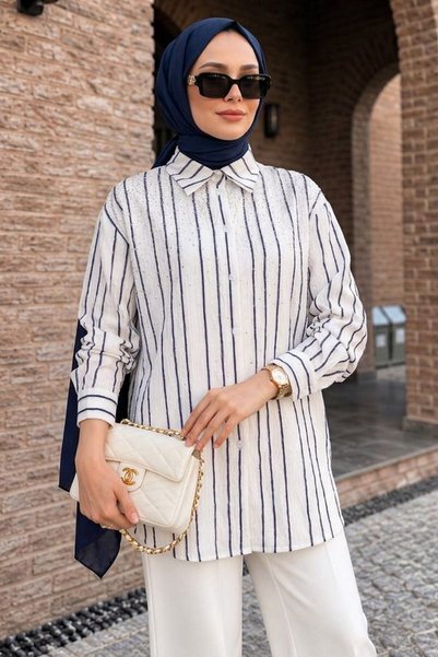Neva Style Dikey Çizgili Bambu Lacivert Tesettür Gömlek 15360L