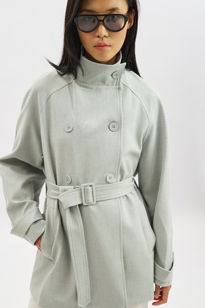 Manuka High Collar Belt Piece Trench Coat Blue