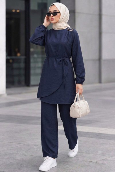 Neva Style طقم بنطلون تونيك بمشبك أمامي باللون الأزرق الداكن 1373L