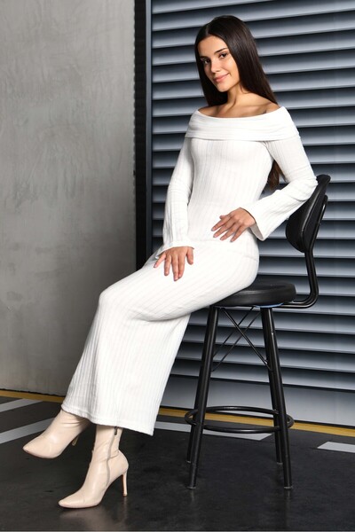 TOFİSA Rochie lungă Madonna Guler tricotaj cu striații albă - 27816-ALB
