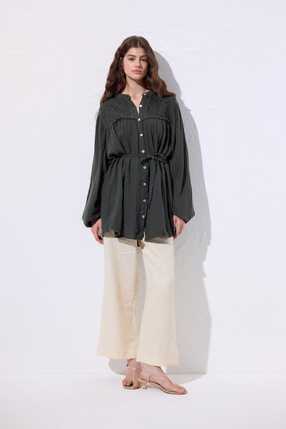 Manuka Muslin Embroidered Shirt Dark Green