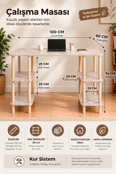 tridihome 60 X 100 Kitaplıklı Çalışma Masası Aletsiz Kolay Kurulum Raflı Ders...