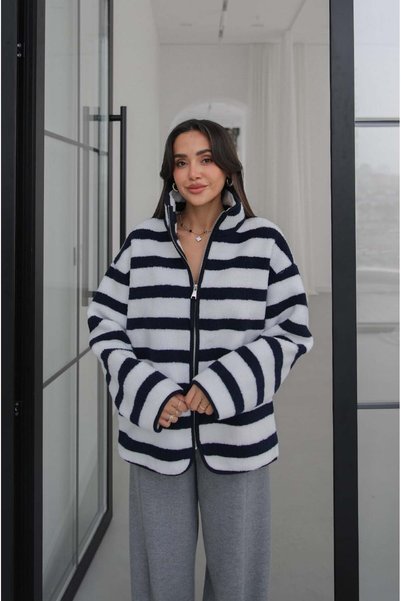 Havoş Marineblaue, gestreifte, gemusterte Fleecejacke
