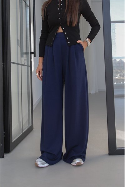 Havoş Navy Blue Pleated Modal Trousers with Elastic Waist