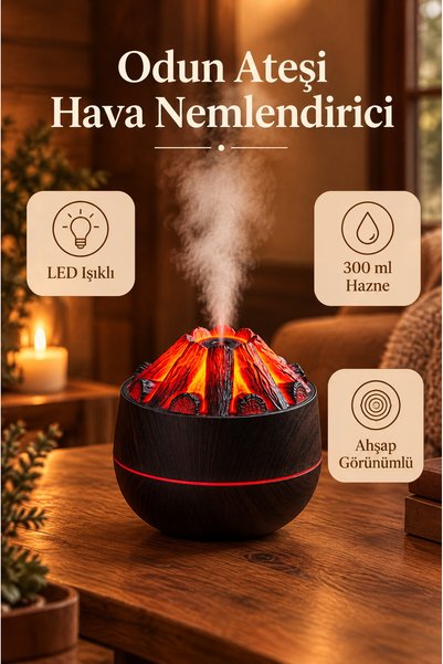 Store Koyu Ahşap Görünümlü Odun Ateşi Tasarımlı Difüzör – LED Işıklı, 2 Buhar Modlu Hava Nemlendirici