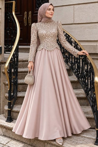 N.S NEVA STYLE فستان سهرة بيج من الساتان مزين بالترتر 4909BEJ