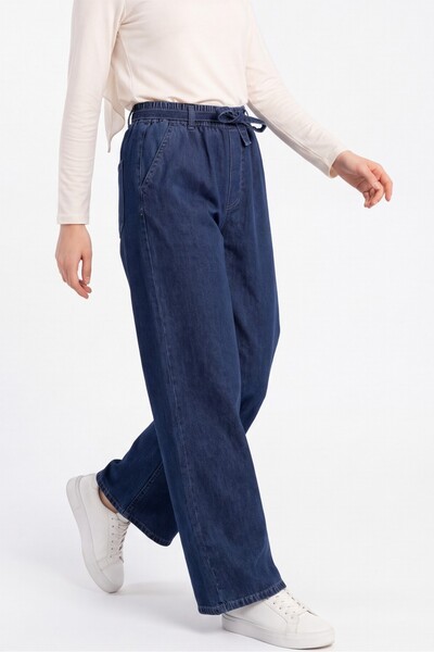 Modamorfo Bol Paça Beli Lastikli Kuşaklı Kot Pantolon -indigo
