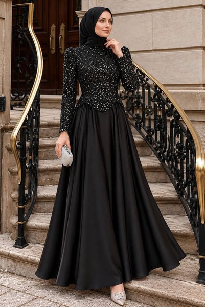 N.S NEVA STYLE فستان سهرة أسود طويل، مزين بالترتر والدانتيل، مناسب للحجاب، مو...