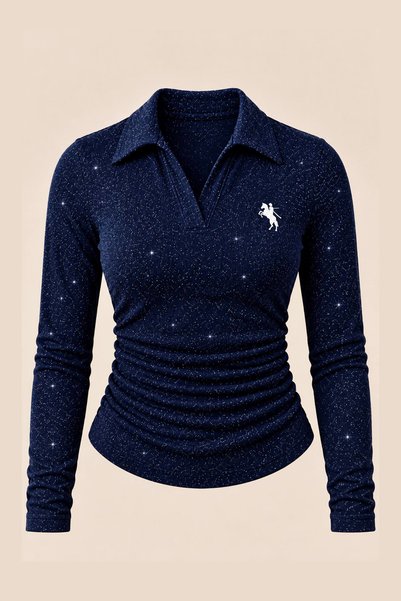 İlayda Toprak Navy Blue Glittery Polo Collar Corded Fabric Embroidered Premiu...