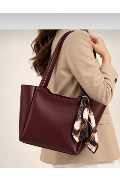 Arvelia Bordo Kadın Fularlı Fermuarlı Shopper El Ve Omuz Çantası