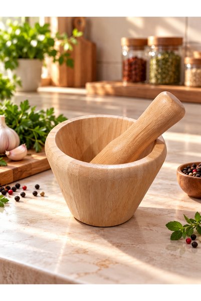 elfnur Doğal Bambu Ahşap Sarımsak Ezeceği Havan Büyük Boy