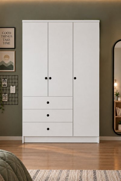 Metalia Gm 308 Ece Lüx 3 Kapı 3 Çekmeceli Düğme Kulplu Gardırop