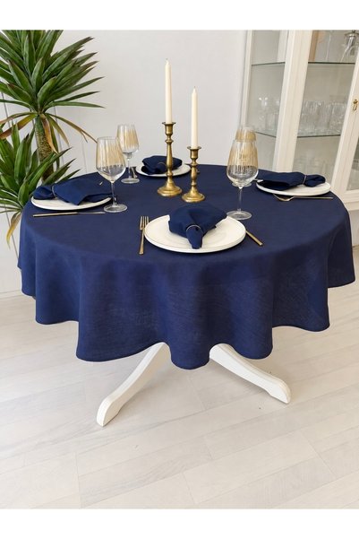 Decamor home Royal Linen Textured Navy Blue Round Tablecloth