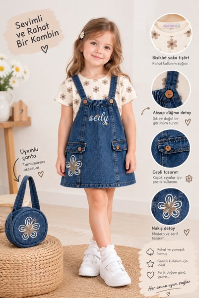 İray Girl's Denim Gilet Dress Set Floral Patterned T-Shirt with Bag and Strap...