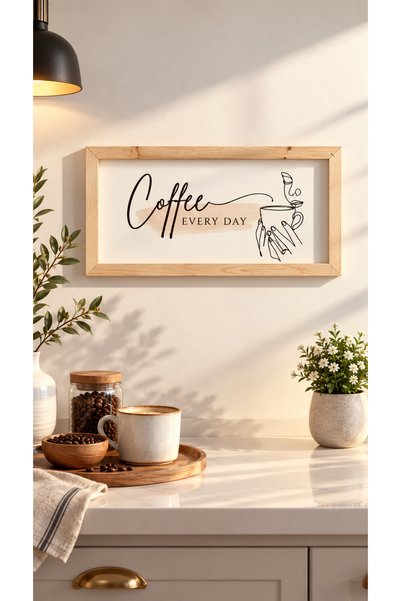 Genel Markalar Ahşap Çerçeveli Kahve Köşesi Tablosu 20x40 cm - Coffee Every D...