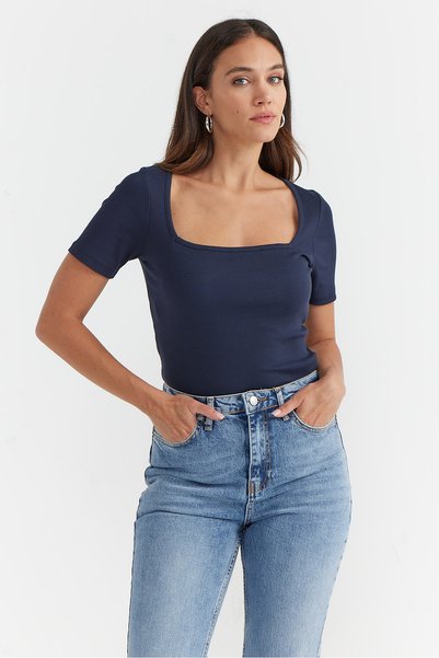PAULMARK Women's Square Neck Ribbed Blouse