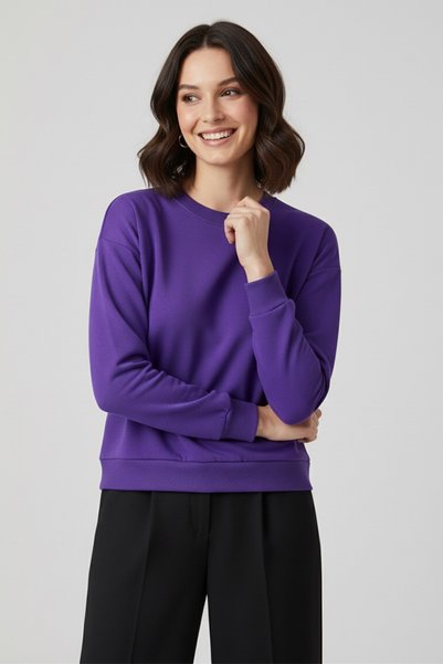 TOFİSA Kadın Bisiklet Yaka Oversize Sweatshirt Mor - 27955-MOR